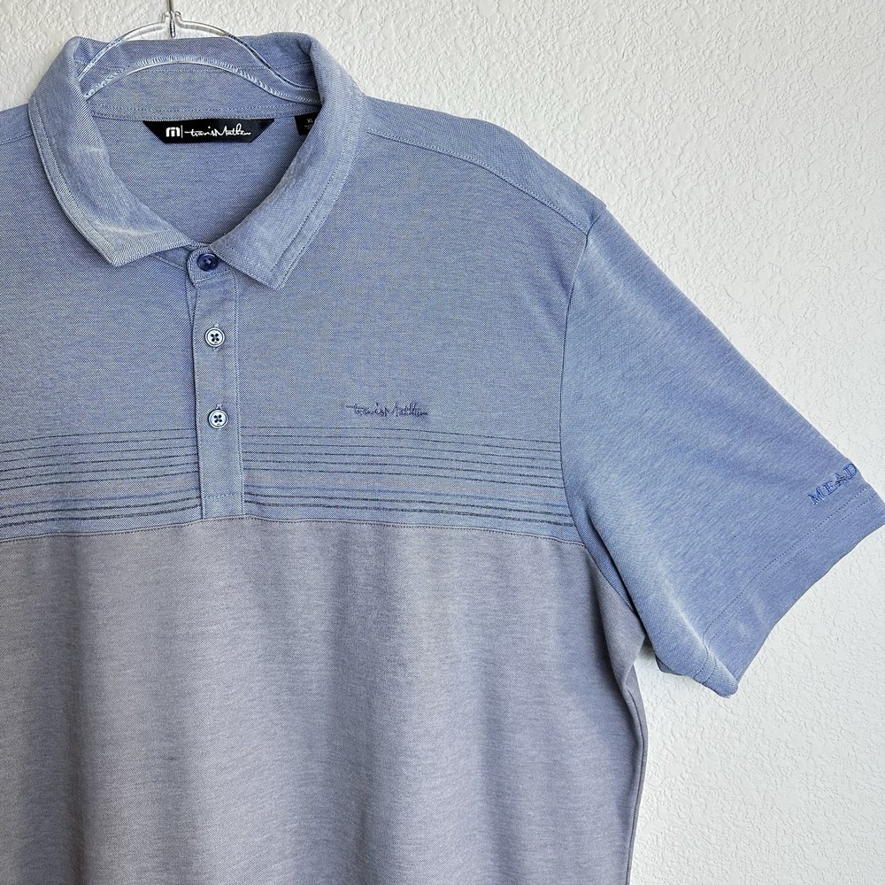 Travis Mathew Men's Golf Polo Shirt Size XL Collared Blue Gray Striped‎ MEADOWS